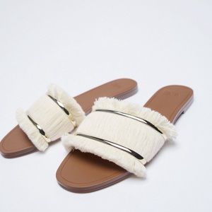 Zara Flat Sandals Fringe White Size 8